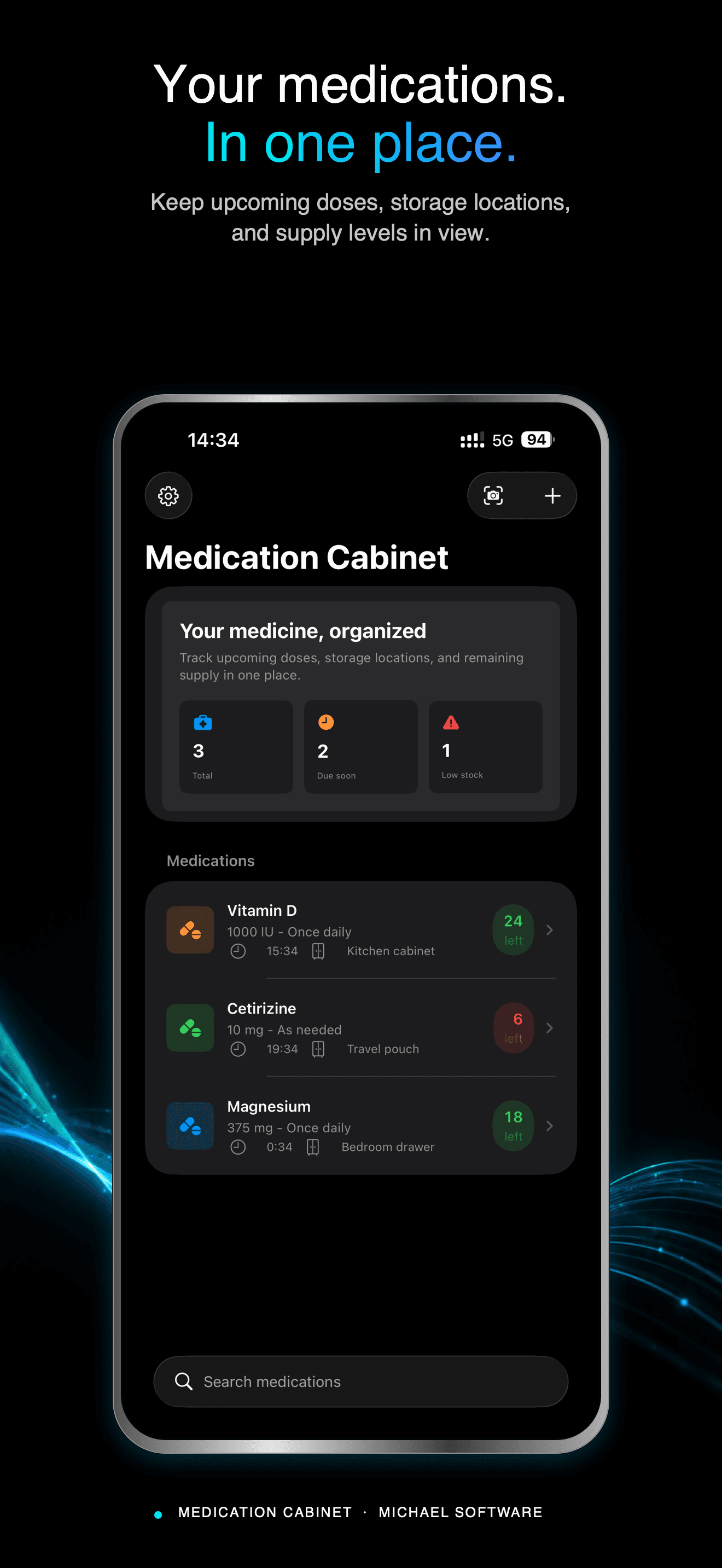 Medication Cabinet dashboard showing medications, upcoming doses, storage locations and supply levels on iPhone.