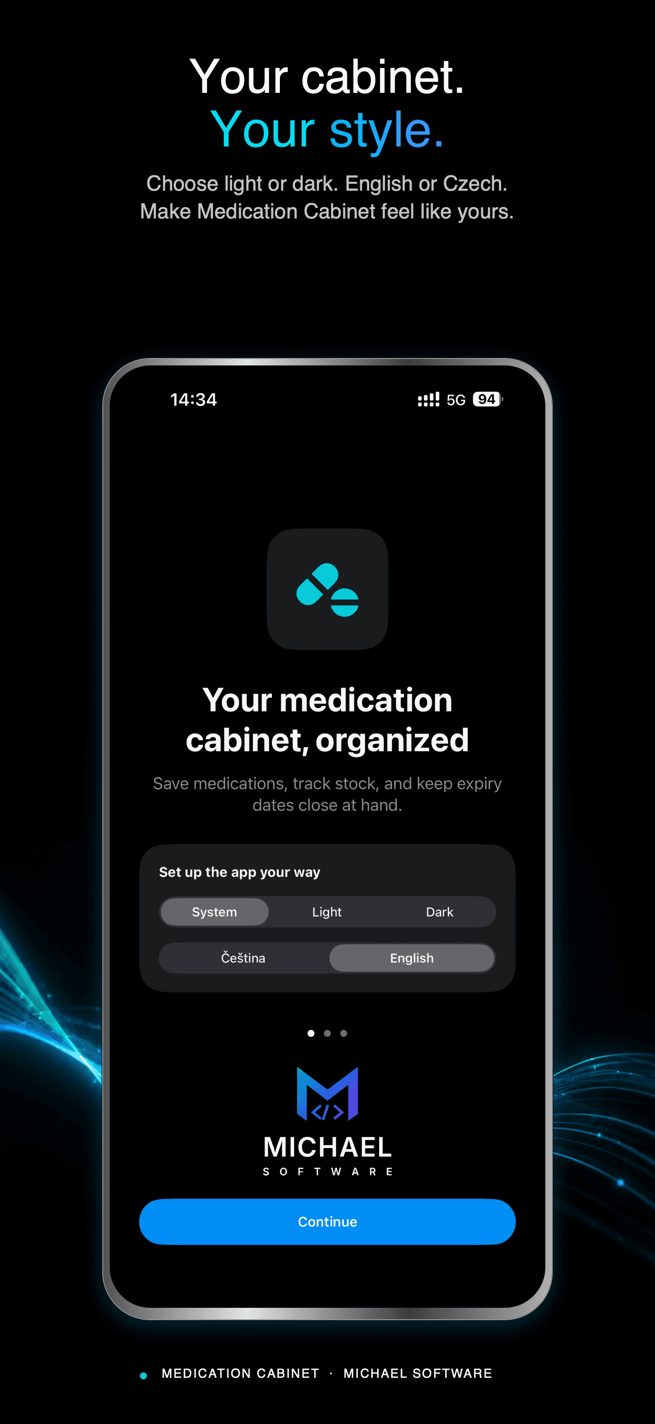 Medication Cabinet onboarding with appearance and language choices on iPhone.