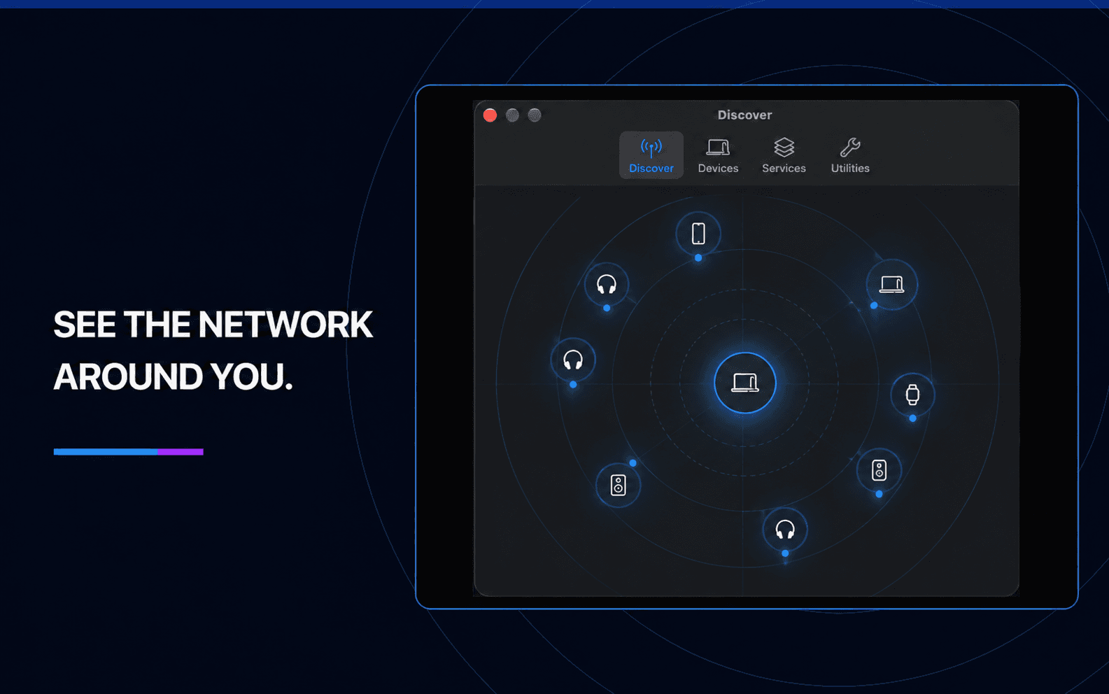 Nearby spatial radar showing discoverable Bluetooth devices around a Mac.