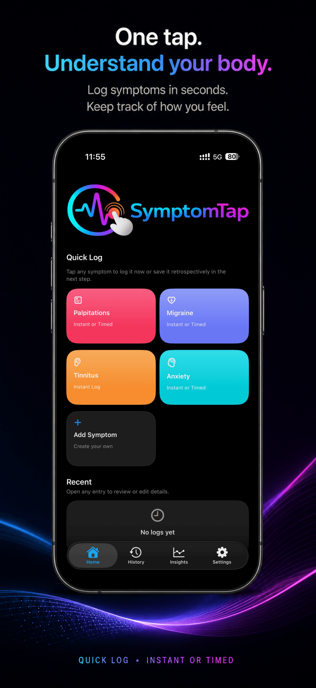 SymptomTap Quick Log with colorful symptom buttons on iPhone.