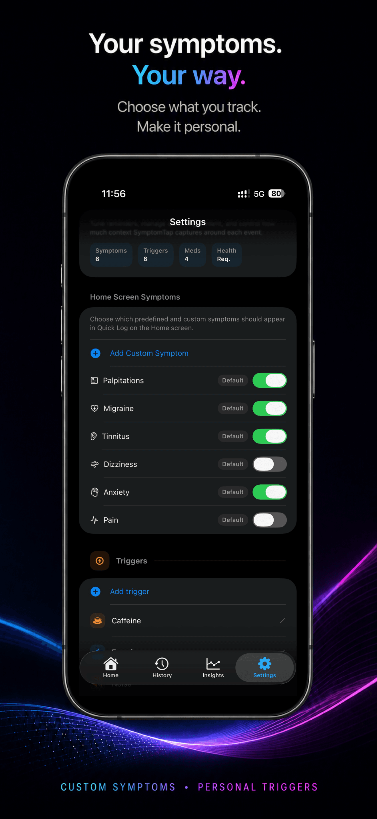 SymptomTap settings for custom symptoms and personal triggers.
